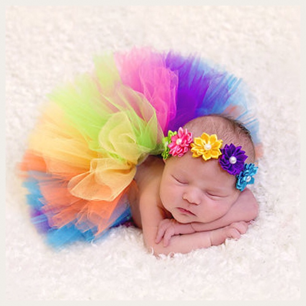 Newborn Baby Rainbow Tutu and Headband Photo Prop - Picture 1 of 8